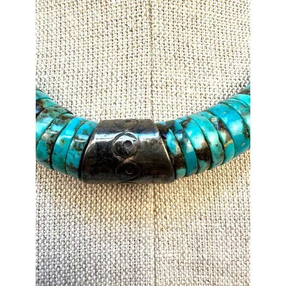 Vintage Native American Kewa Necklace Handmade Heishi Turquoise & Silver Beads - Picture 2 of 13